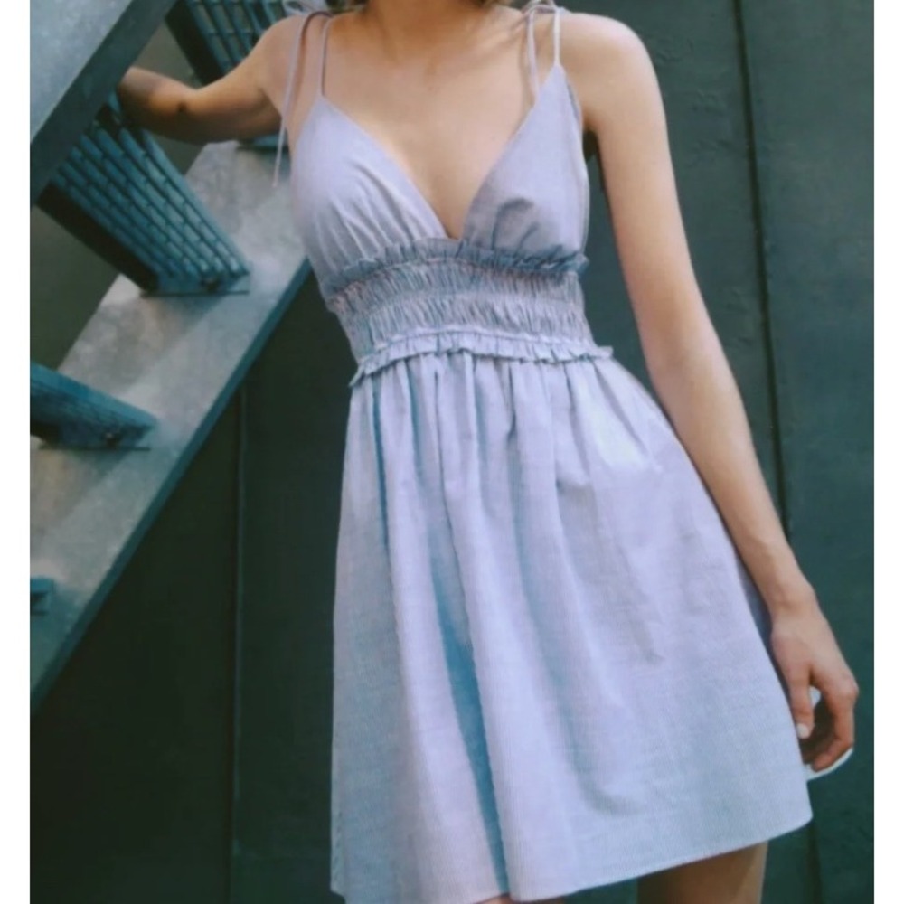 Zara Mini Dress Womens L Blue Excellent Seersucker Striped Tie Strap Smocked